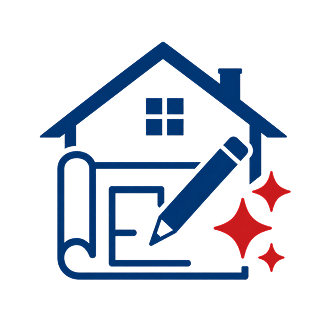 Simple house outline with a rolled blueprint, a pencil drawing on it, and two red sparkles, symbolizing home design, planning, or renovation services.