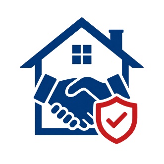 A blue house outline with two hands shaking inside, symbolizing agreement. A red shield with a checkmark is in front, representing security or protection.